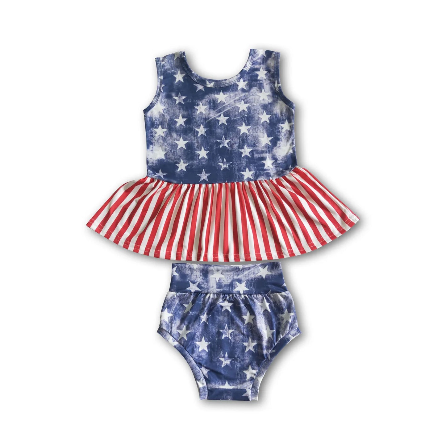 RTS NO MOQ Sibling milk silk Baby Boys And Girls Blue Short Sleeves Star Print Shirt Red Stripe Shorts Set Rompers Dresses 4th Of July Clothes