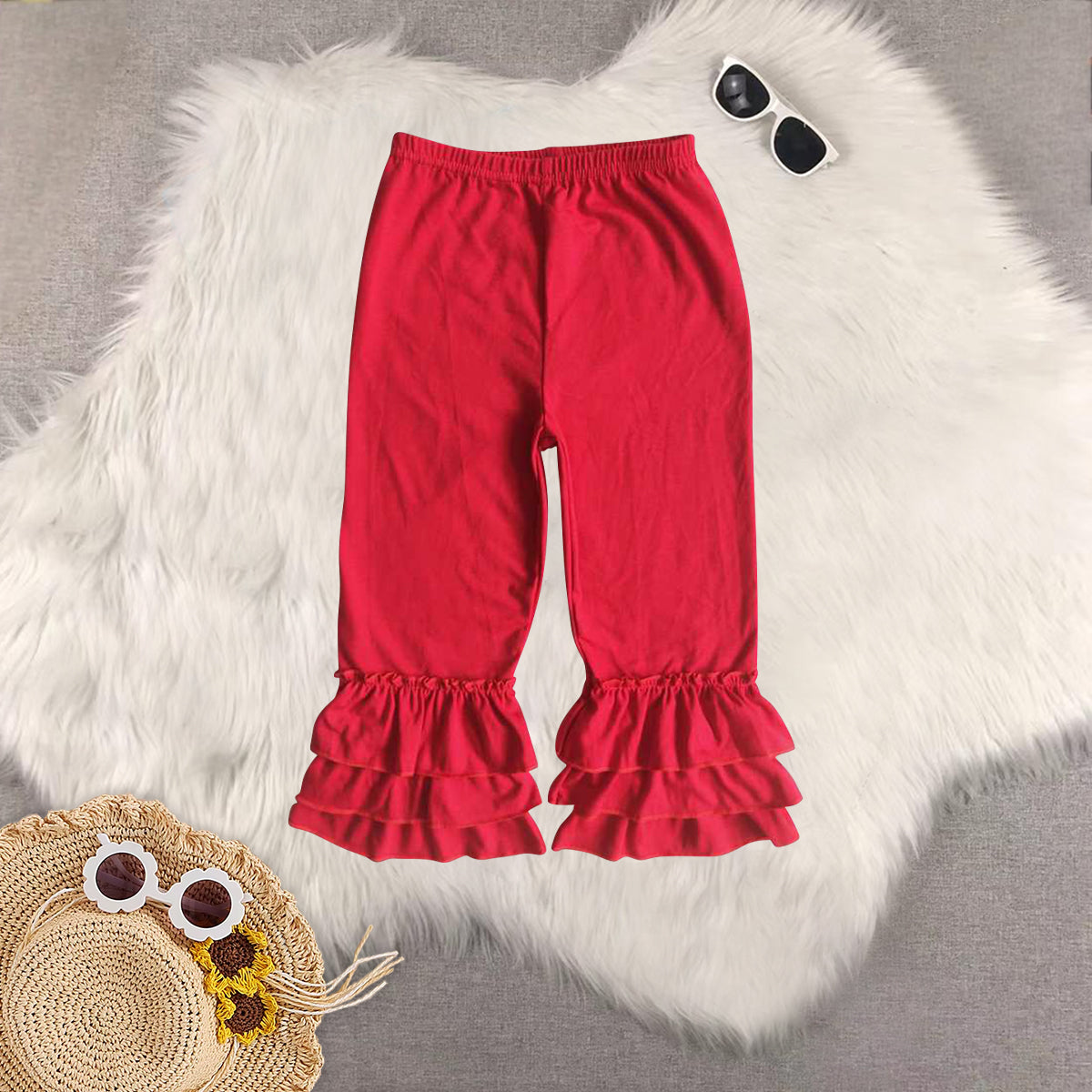 RTS NO MOQ Sibling baby girl clothes Double ruffled hem straight-leg trousers