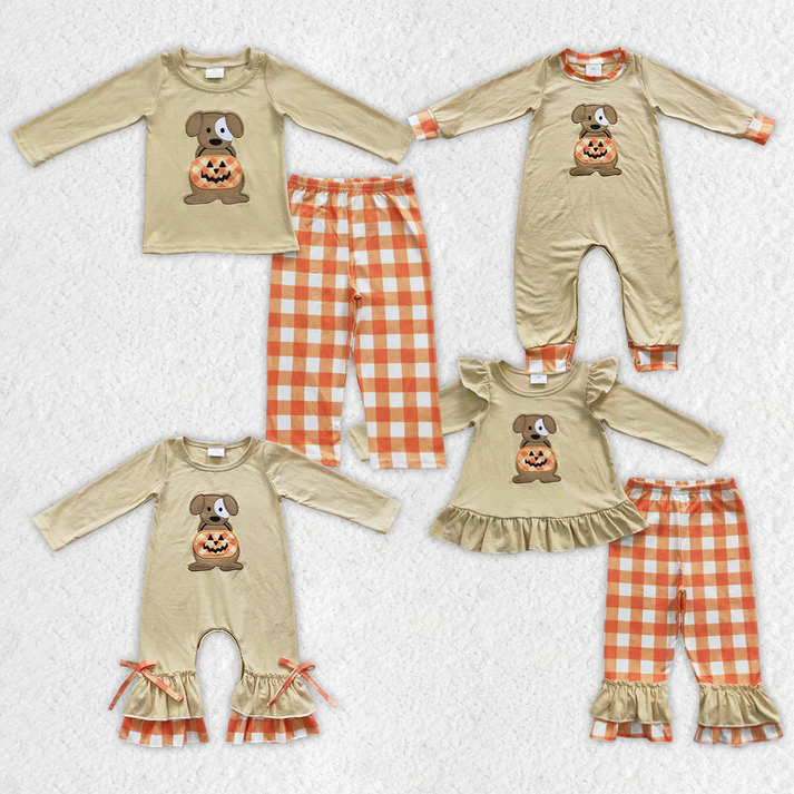 RTS NO MOQ  Baby Sibling Dog Pumpkin Halloween Clothes Sets Rompers