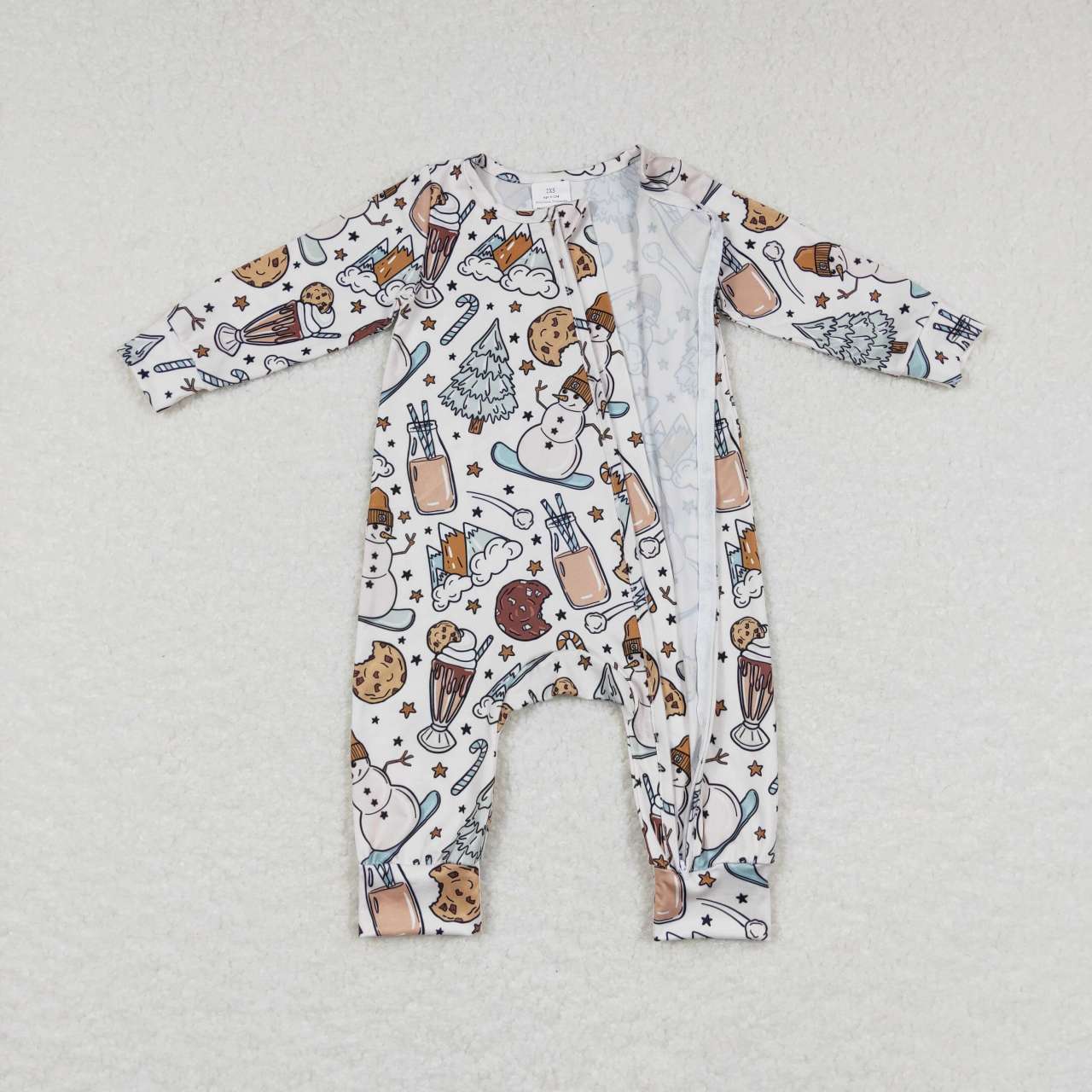 RTS NO MOQ LR0651 Cookies Milk Snowman Christmas Tree Beige Zip Long Sleeve Jumpsuit