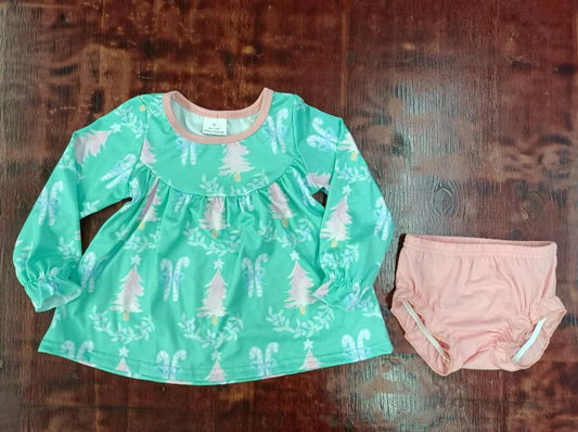 Custom moq 3 eta 6-7weeks Green Christmas Tree Long Sleeve Top-Pink Shorts Set
