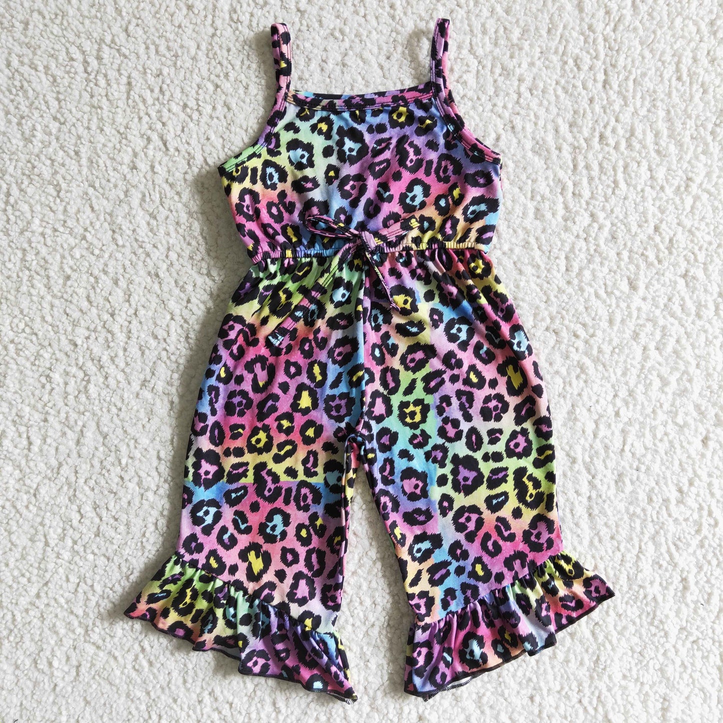 A7-3 Baby Girls Ruffle Sling Colorful Leopard Soft Romper