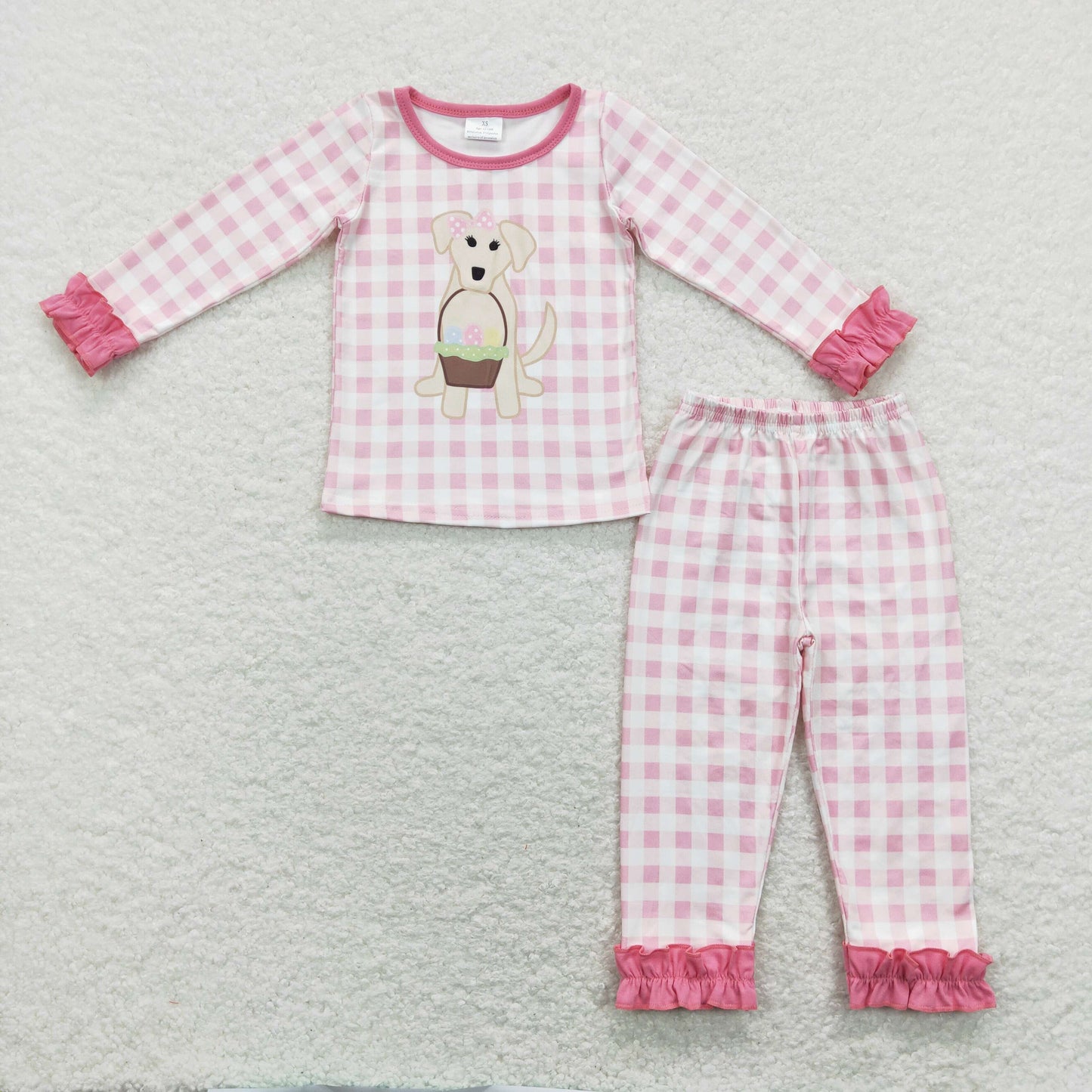 RTS NO MOQ（In Stock) Egg Basket Puppy Pink Plaid Lace Long Sleeve Pants Suit