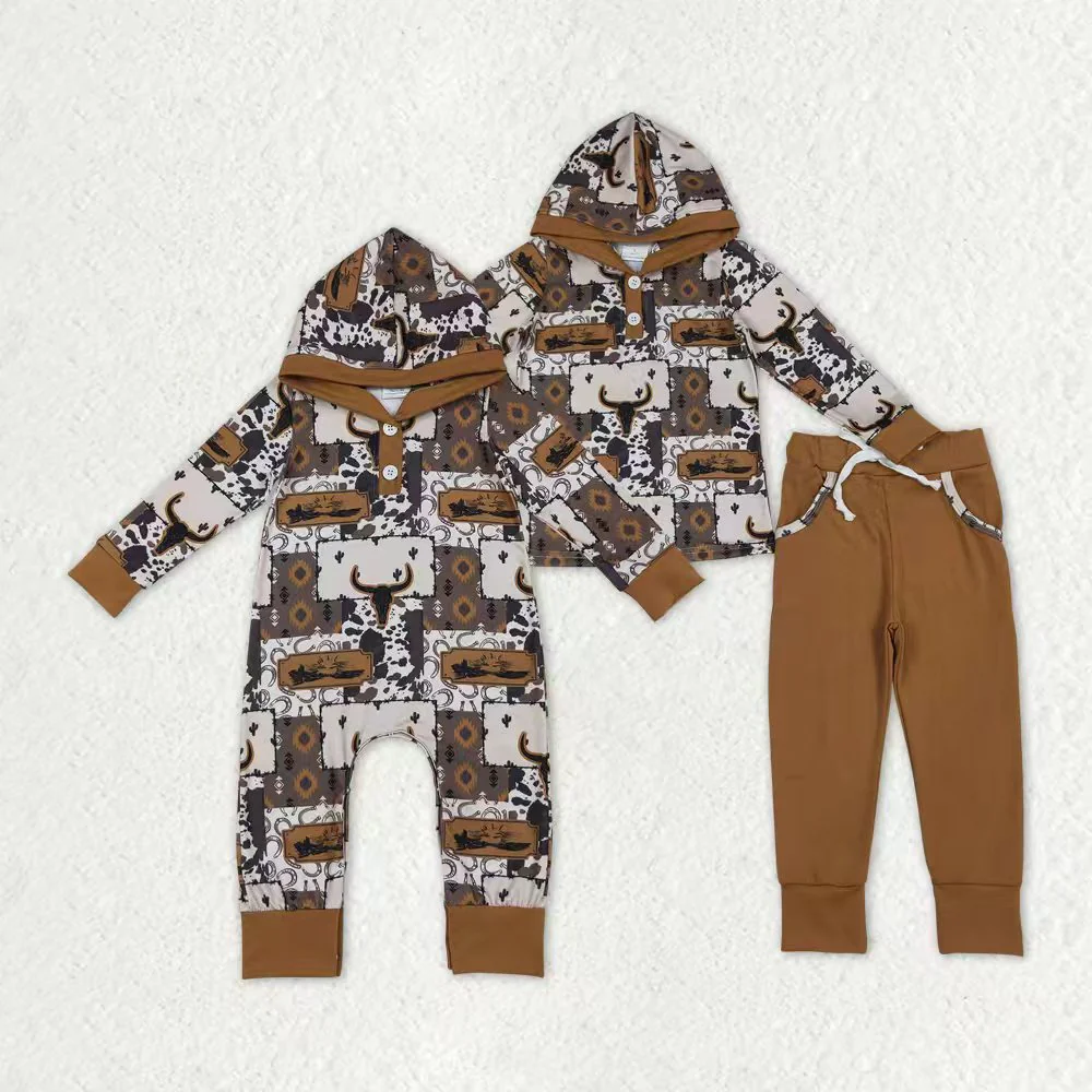RTS NO MOQ Sibling Baby boys clothes hooded long sleeve pants sets 2 and rompers