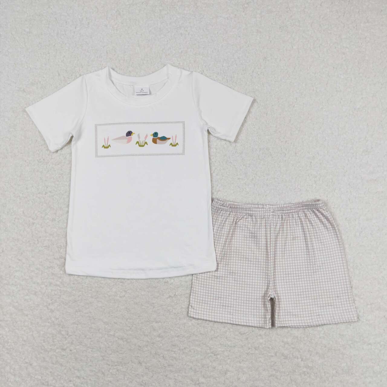 RTS NO MOQ BSSO0960 Duck white short-sleeved green plaid shorts set