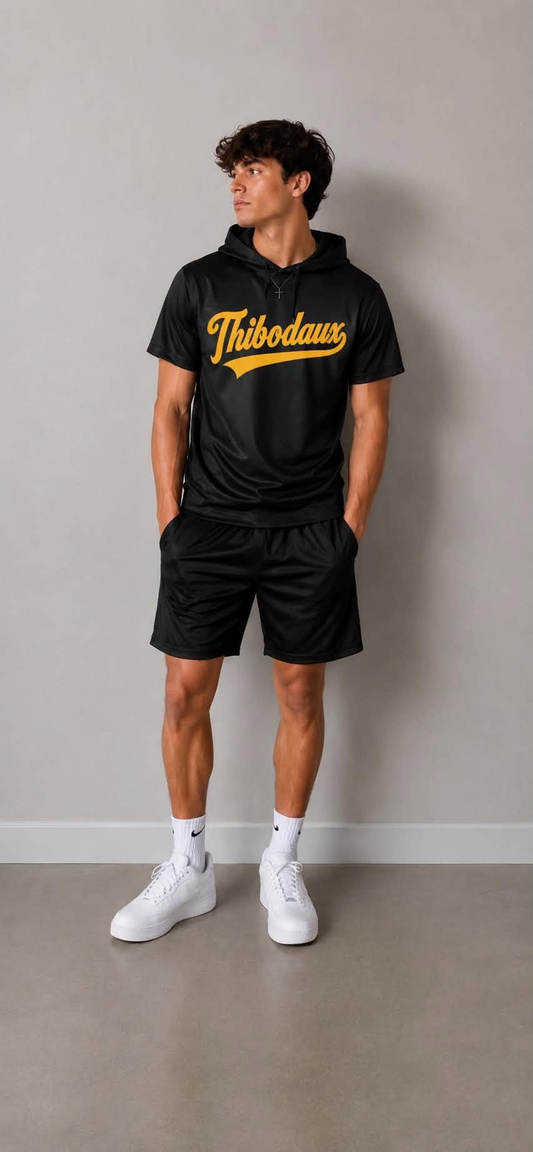custom moq 5 mix size AAFTBX0101 Adult Men Black Short Sleeve Hooded Top Elastic Waist Black Shorts Casual Outfit Set