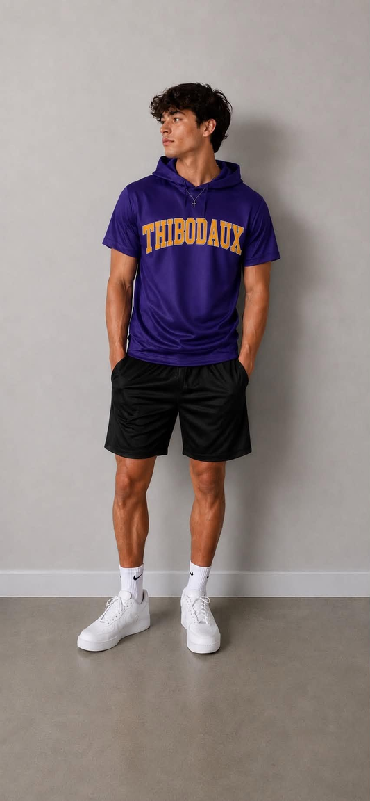 custom moq 5 mix size AAFTBX0102 Adult Men Purple Short Sleeve Hooded Top Elastic Waist Black Shorts Set