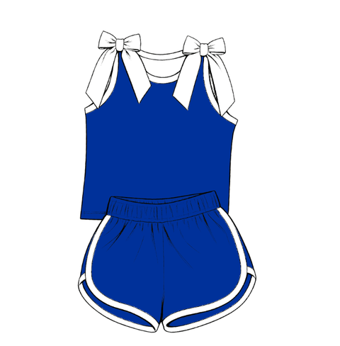 custom moq 5 mix size AASD0101 Baby Girls Blue Bow Scallop Edge Vest Top Skort Shorts Set Dress