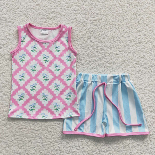 GSSO0324 Sleeveless Floral Plaid Blue and White Vertical Stripe Shorts Set