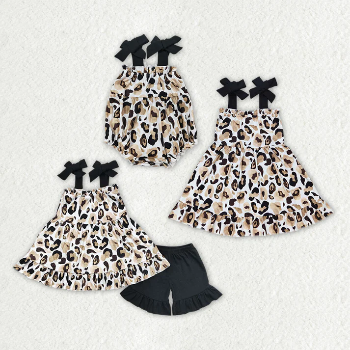 RTS Baby Boys Green Pocket Sibling Brother Baby Girls Straps Gold Leopard Sibling Sister Rompers Dresses Clothes Sets