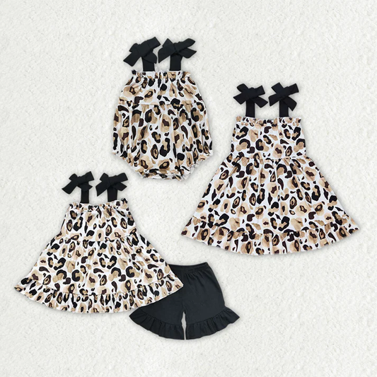 RTS Baby Boys Green Pocket Sibling Brother Baby Girls Straps Gold Leopard Sibling Sister Rompers Dresses Clothes Sets