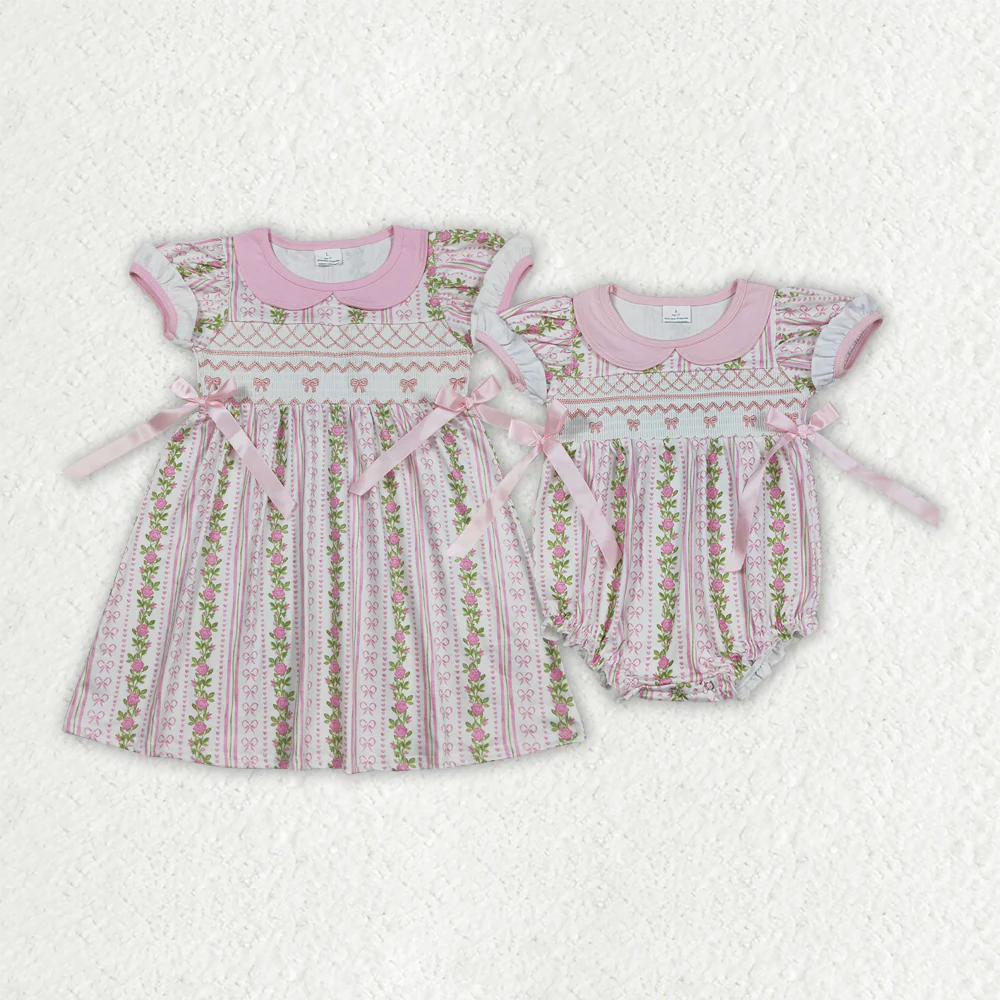 RTS Sibling baby girls clothes embrodiery bow floral short sleeve dress and rompers