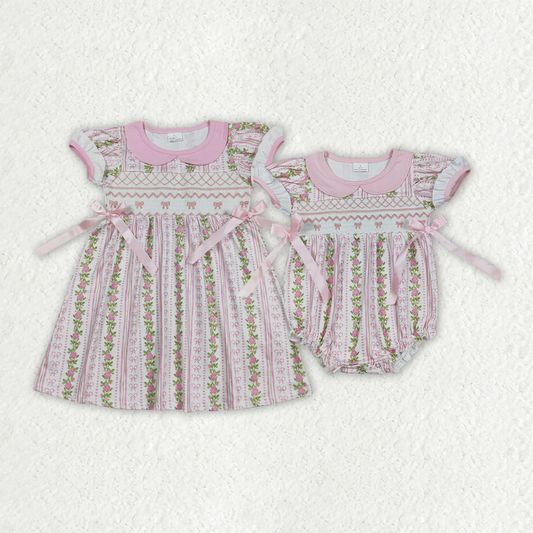 RTS Sibling baby girls clothes embrodiery bow floral short sleeve dress and rompers
