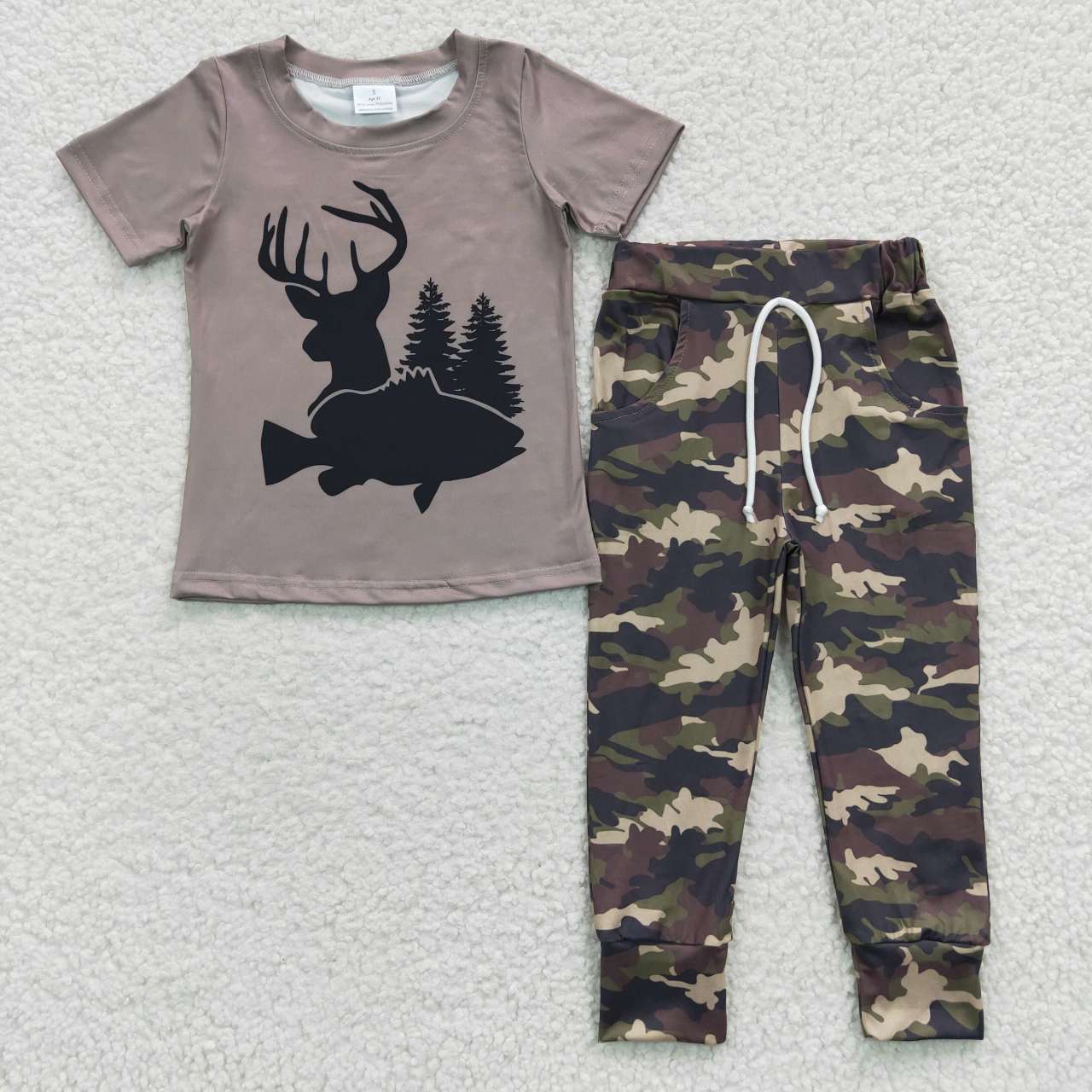RTS NO MOQ BSPO0108 Boys Deer Fish Hunting Camouflage Short Sleeve Trousers Set
