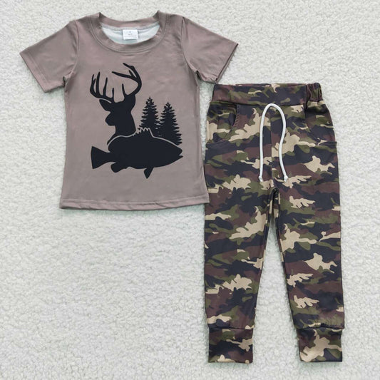 RTS NO MOQ BSPO0108 Boys Deer Fish Hunting Camouflage Short Sleeve Trousers Set