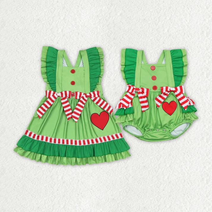 RTS NO MOQ  Christmas Green Hearts Bows Rompers Sibling print dress and romper