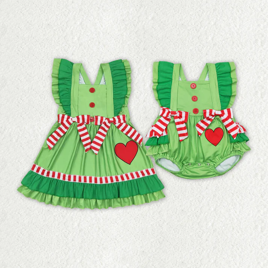 RTS NO MOQ  Christmas Green Hearts Bows Rompers Sibling print dress and romper