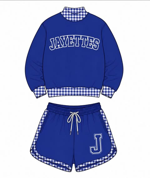 custom moq 5 mix size AITOLY03 Baby Kids Blue Checked Long Sleeve Crew Neck Top Elastic Waist Casual Shorts Set