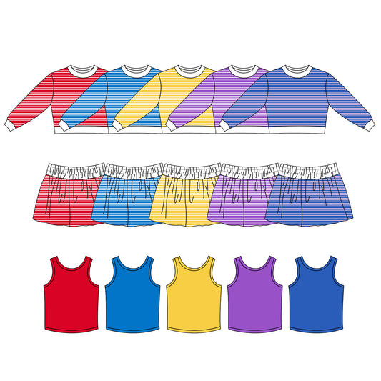 custom moq 5 mix size AM01 Yoga Baby Girls Striped Long Sleeve Top Solid Sleeveless Vest Striped Shorts 3 Pieces Yoga Outfit Set