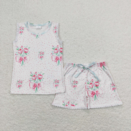 GSSO0693 Bow flower white sleeveless shorts suit