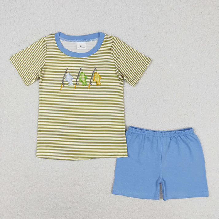 RTS Baby Boys Stripes Fishing Sibling Embroidery Summer Rompers Clothes Sets