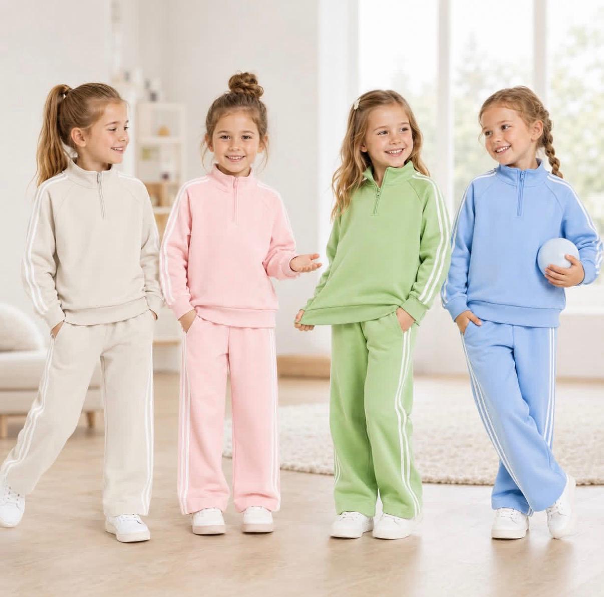custom moq 5 mix size AY0102 Baby Girls Side White Stripe Quarter Zip Pullover And Elastic Waist Wide Leg Jogger Pants Casual Set
