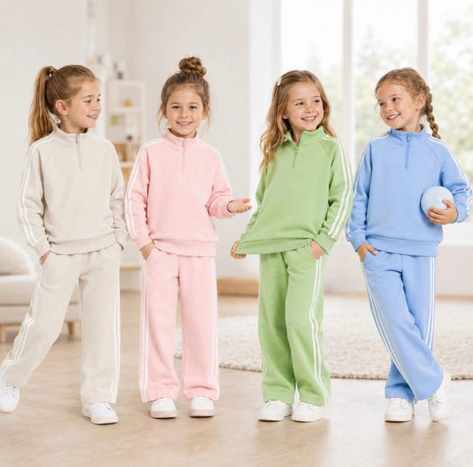 custom moq 5 mix size AY0102 Baby Girls Side White Stripe Quarter Zip Pullover And Elastic Waist Wide Leg Jogger Pants Casual Set