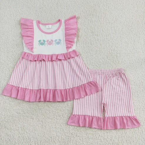 RTS NO MOQ Baby Girls Crabs Pink Summer Sibling Rompers Dresses Clothes Sets