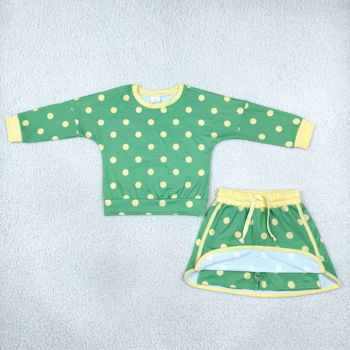 NEW RTS NO MOQ milk silk GLD1764 Baby Girls Green Polka Dot Long Sleeve Top And Drawstring Skort Set