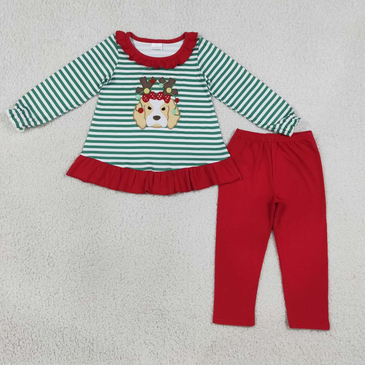 NEW RTS NO MOQ milk silk GLP3494 Embroidery Girls Green Stripe Light Dog Print Tunic Matching Legging Pant Christmas Clothes Set