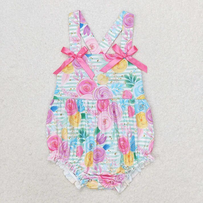 RTS NO MOQ Baby Girls Green Flowers Sibling Rompers Clothes Sets