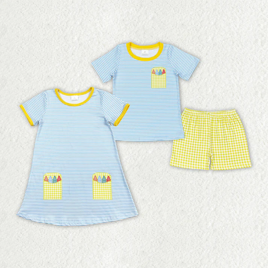 RTS NO MOQ Baby Girls Back To School Boys Sibling Dresses Summer Sets