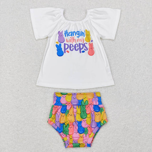 GBO0195 hangin' with my peeps letter white short sleeve colorful bunny briefs set