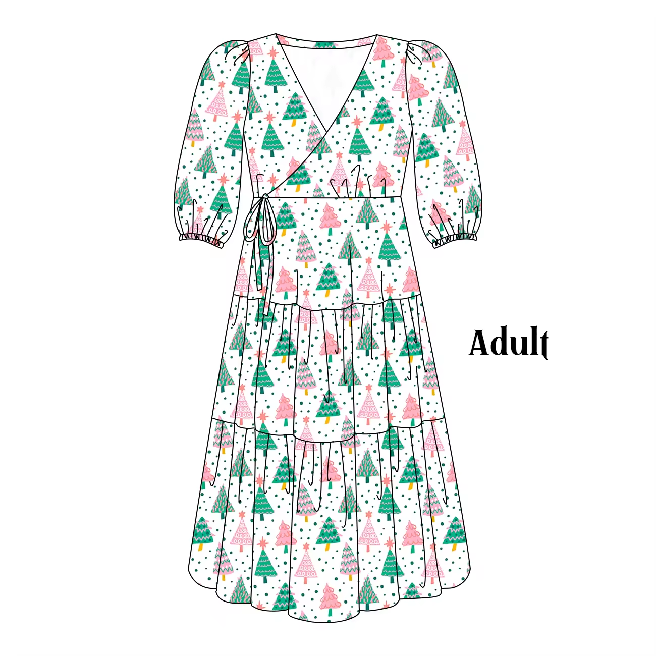 Custom moq 3 eta 6-8weeks Adult V-neck three-quarter sleeve pink polka dot Christmas tree dress