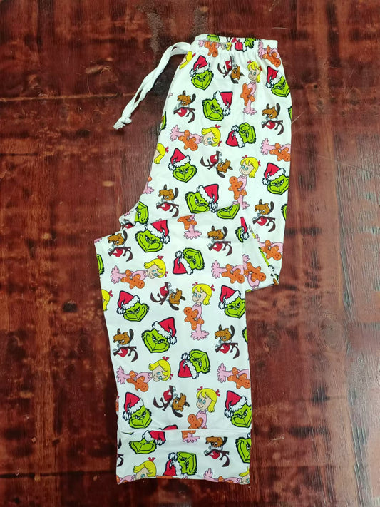Custom moq 3 eta 6-7weeks Christmas Green Monster-Little Bear Girl White Adult Straight Drawstring Pants