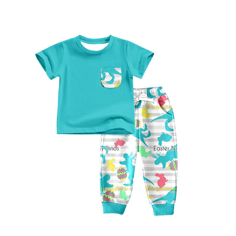 BSPO0230 easter dinos Easter egg dinosaur rabbit pocket blue short-sleeved striped trousers suit