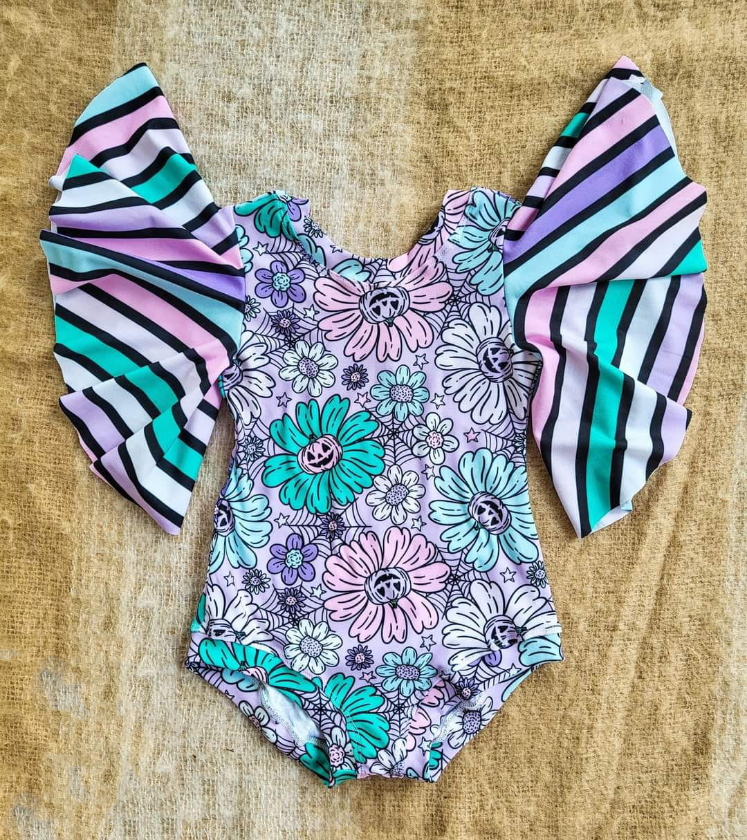 Floral Pumpkin Purple Striped Lace Short Sleeve Bodysuit