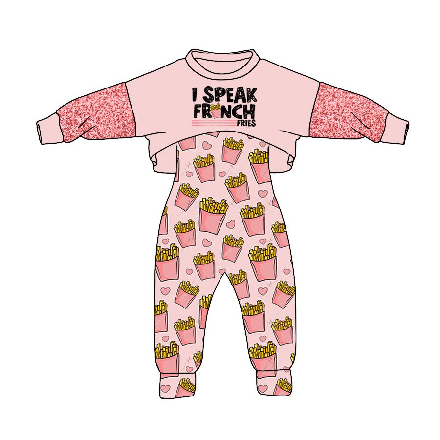 GLP1019 I speak french fries letter French fries pink long-sleeved love suspender jumpsuit suit