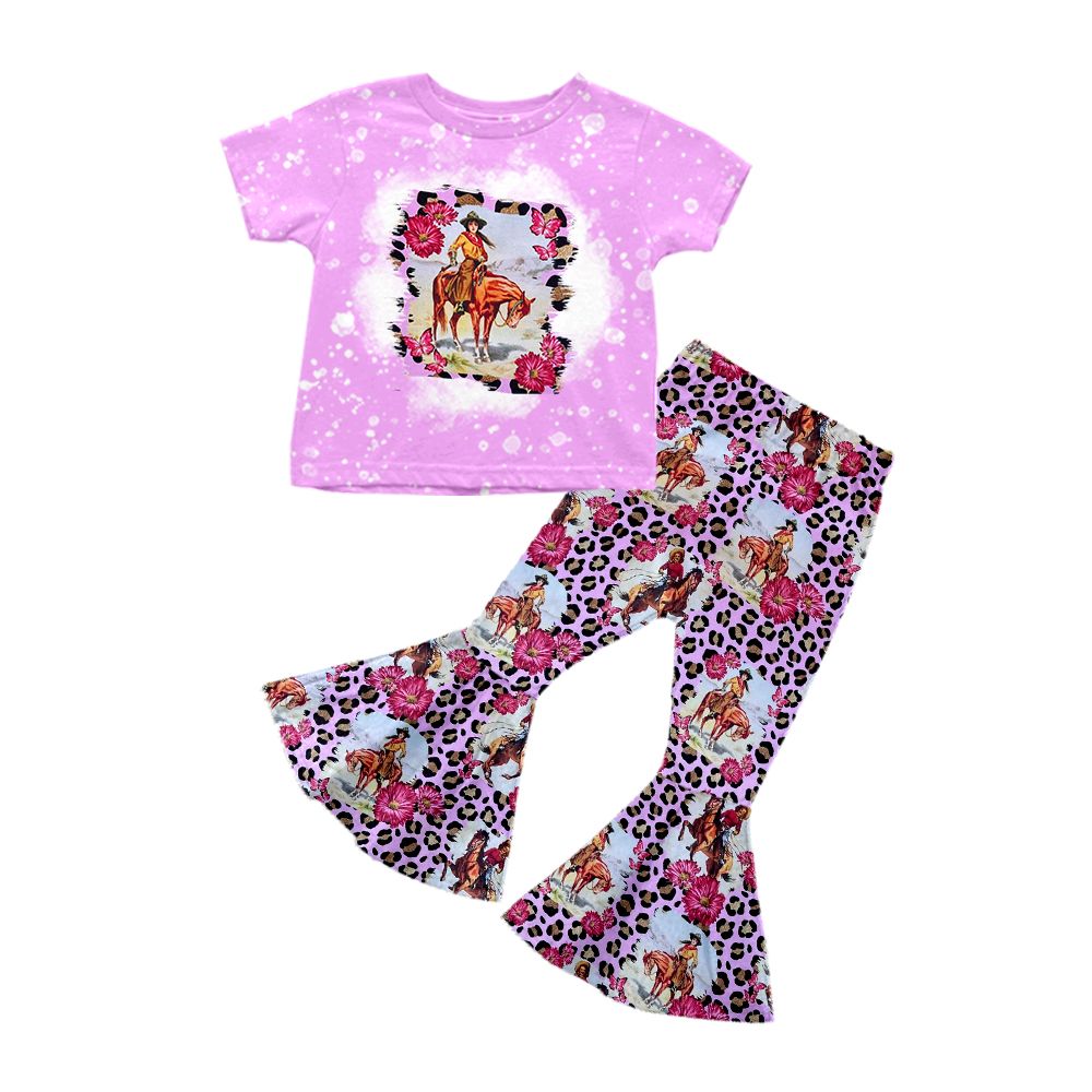 GSPO1271 Horse riding flower leopard print purple short-sleeved trousers suit