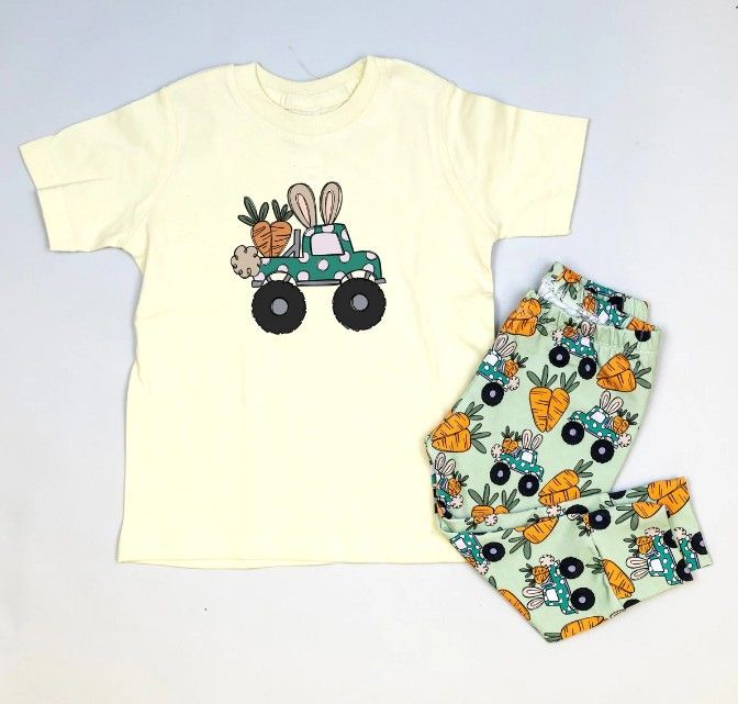 BSPO0256 Carrot Rabbit Ears Truck Beige Short Sleeve Green Pants Suit