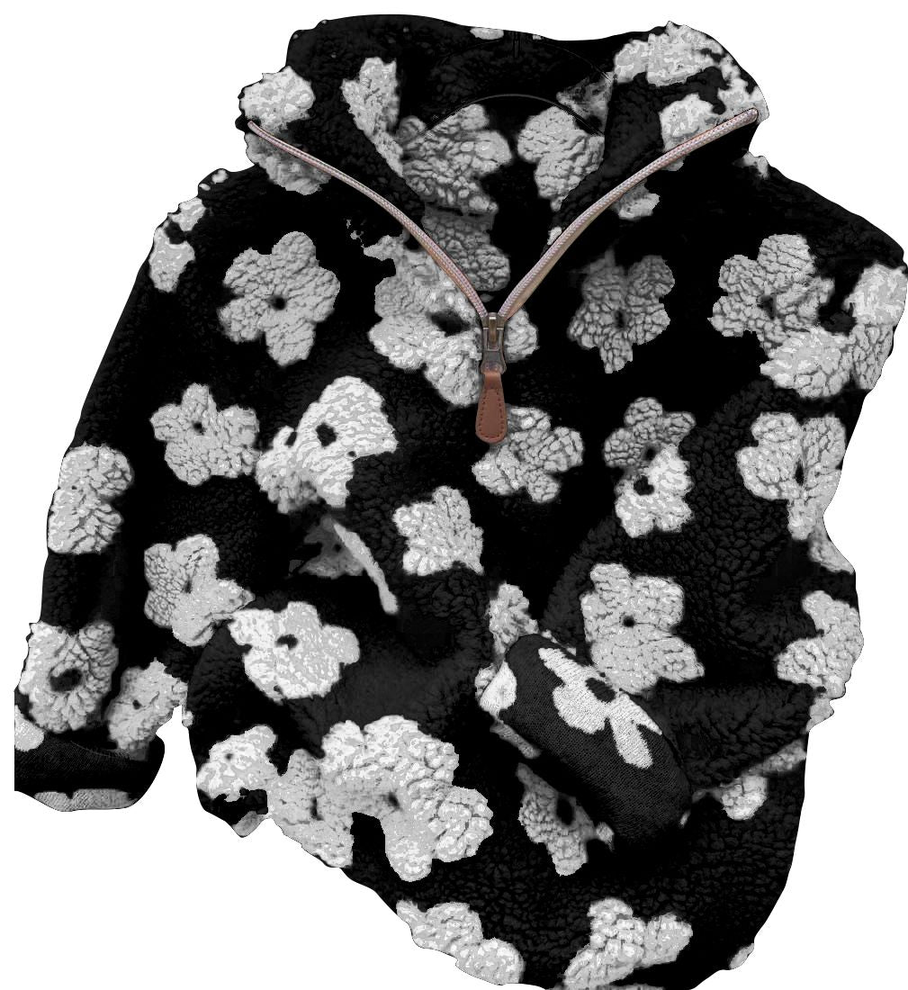 White Floral Black Zip Long Sleeve Top