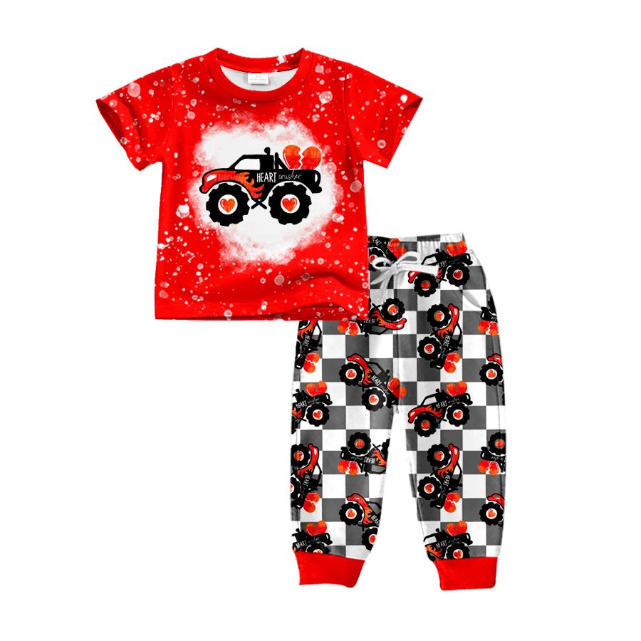 BSPO0227 Off-road vehicle love red short-sleeved gray and white plaid trousers suit