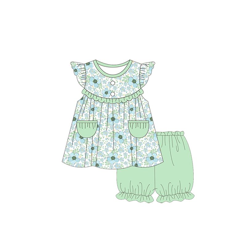 GSSO0722 Blue flower green lace pocket flying sleeve shorts suit