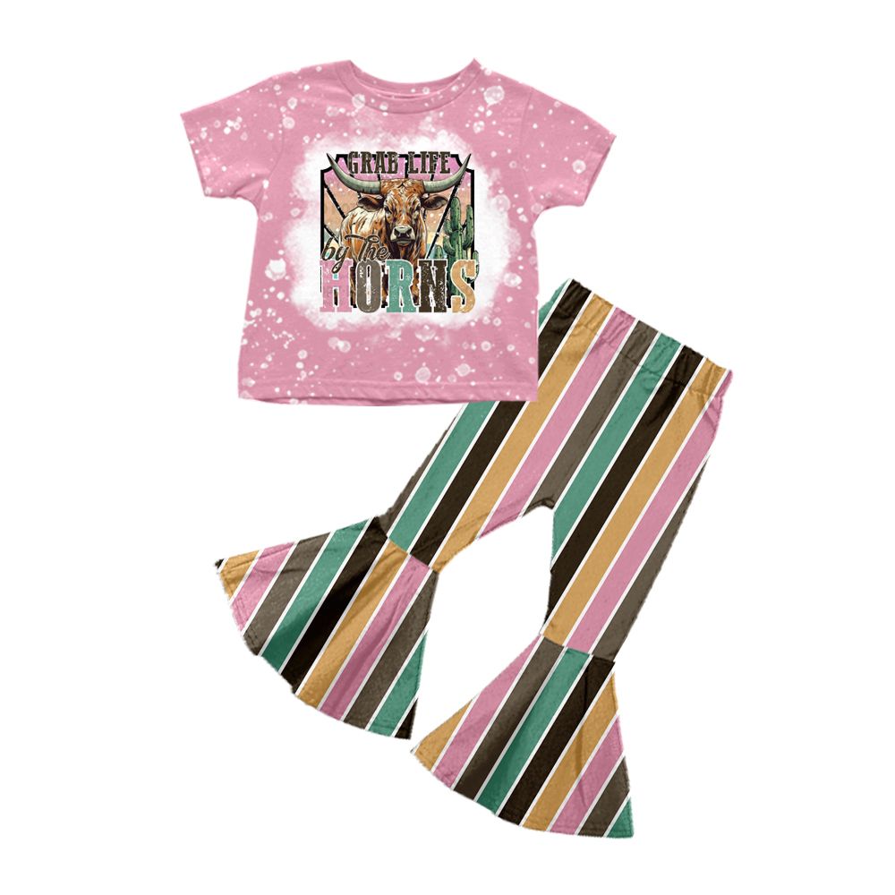 GSPO0991 horns letter alpine bull head pink short-sleeved colorful striped trousers suit