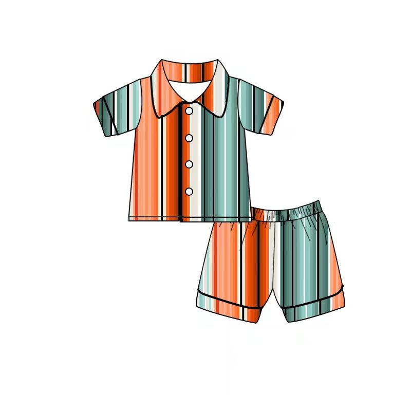 Orange and Green Stripe Short Sleeve Shorts Set