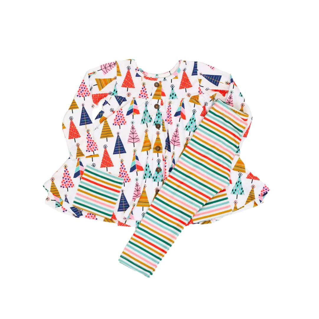 custom moq 3 eta 6-8weeks  GLP0954 Colorful Christmas Tree Pine Pocket Button White Long Sleeve Striped Pants Suit