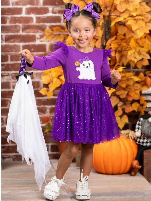 Candy Ghost Lace Purple Tulle Sequin Long Sleeve Dress
