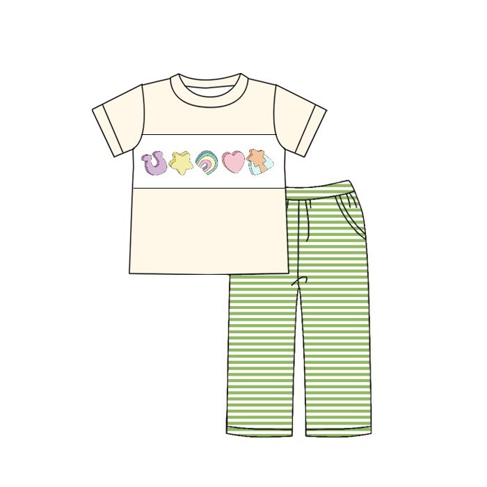 BSPO0287 Star Rainbow Love Beige Short Sleeve Green and White Plaid Pants Suit