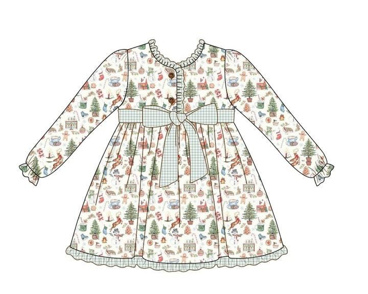 Snowman Gingerbread Man Christmas Tree Green and White Plaid Lace Bow Long Sleeve Dress