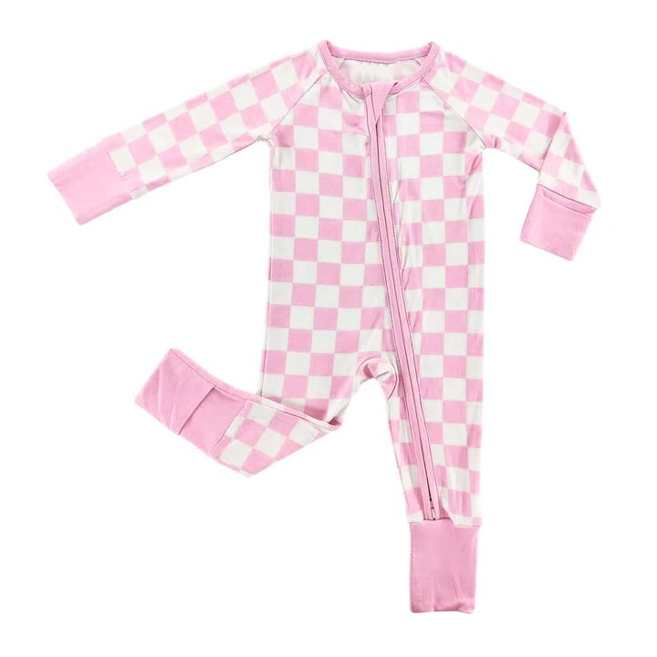 LR0810 Pink and white plaid zipper long-sleeved jumpsuit